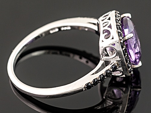 2.10ct Square Cushion Amethyst With .39ctw Round Black Spinel Rhodium Over Sterling Silver Ring - Size 9