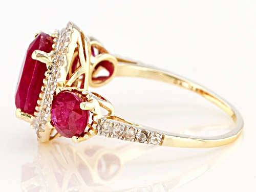 4.00ctw Oval and Round Mahaleo® Ruby with .40ctw Round White Zircon 10k Yellow Gold 3-Stone Ring - Size 6