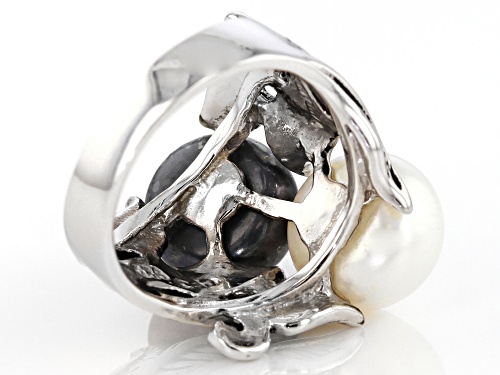 9mm White And Black Cultured Freshwater Pearl Rhodium Over Sterling Silver Leaf Design Ring - Size 12