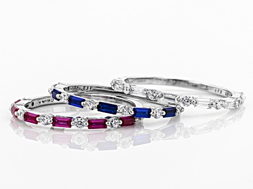 Bella Luce®2.62CTW Lab Ruby, Lab Blue Spinel, And Diamond Simulant Rhodium Over Silver Ring Set