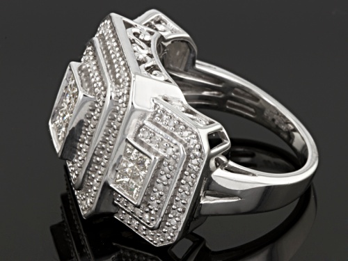 1.00ctw Round And Princess Cut White Diamond Rhodium Over Sterling Silver Cluster Ring - Size 6