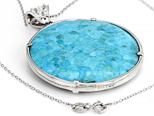 40mm Turquoise & Abalone Shell w/ .81ctw Sky Blue & White Topaz Rhodium Over Silver Pendant W/Chain