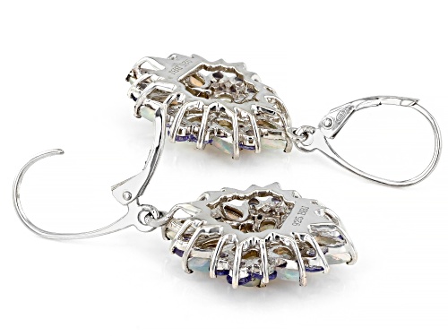 2.48ctw Pear Shape Ethiopian Opal With 1.05ctw Round Tanzanite Rhodium Over Sterling Silver Earrings