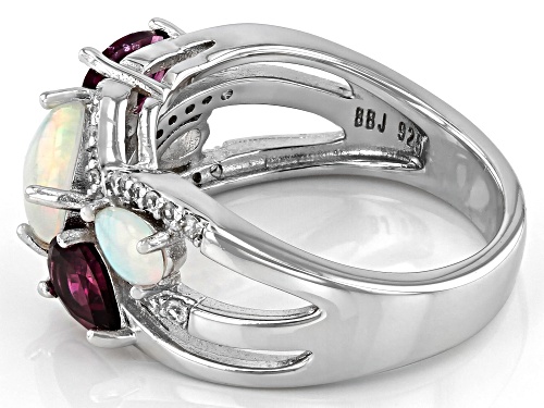 0.92ctw Ethiopian Opal, 0.84ctw Rhodolite Garnet With 0.75ctw White Zircon Rhodium Over Silver Ring - Size 7