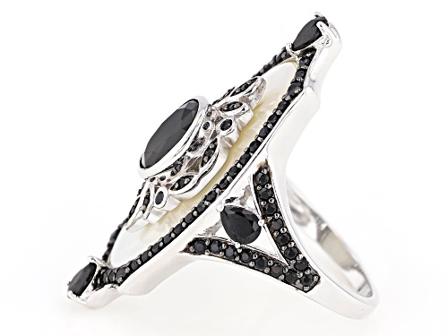 Oval Mother-of-Pearl with 3.05ctw Multi Shaped Black Spinel Rhodium Over Sterling Silver Ring - Size 6