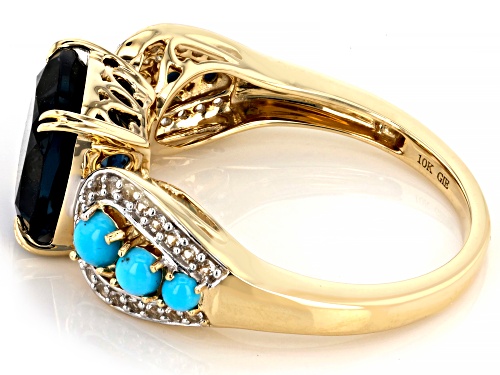 3.10ct London Blue Topaz with Sleeping Beauty Turquoise & 0.17ctw White Topaz 10k Yellow Gold Ring - Size 8