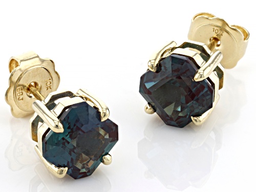 4.29ctw Asscher Cut Lab Created Alexandrite 10k Yellow Gold Stud Earrings