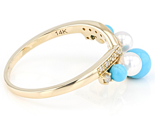 5x5mm Sleeping Beauty Turquoise, Cultured Akoya Pearl, 0.09ctw Diamond 14k Yellow Gold Band Ring - Size 5.5