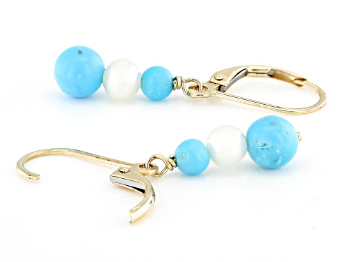 4mm, 6mm Blue Sleeping Beauty Turquoise With 5mm Cultured Freshwater Pearl 10k Yellow Gold Earrings