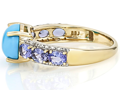 10x8mm Sleeping Beauty Turquoise, 0.92ctw Tanzanite With 0.06ctw White Diamond 10k Yellow Gold Ring - Size 6
