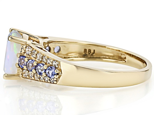 1.12ctw Ethiopian Opal With 0.34ctw Tanzanite With 0.08ctw White Zircon 10k Yellow Gold Ring - Size 8