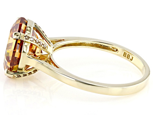 6.59ct Asscher Cut Cognac Strontium Titanate With 0.06ctw Champagne Diamond 10k Yellow Gold Ring - Size 8