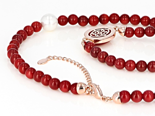 Timna Jewelry Collection™ Round & Oval Red Coral With Shell Pearl (Pearl Simulant) Copper Necklace - Size 18