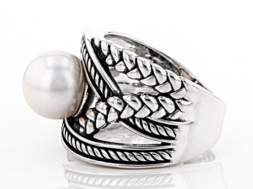 9-10mm White Cultured Freshwater Pearl Rhodium Over Sterling Silver Crossover Ring - Size 12