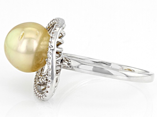 10-11mm Golden Cultured South Sea Pearl With White Topaz Rhodium Over Sterling Silver Ring - Size 10