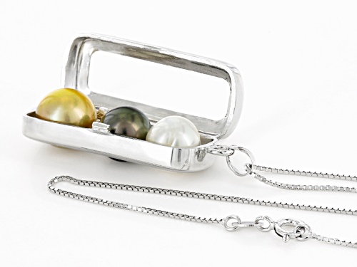 9-10mm Cultured Tahitian & Golden & White South Sea Pearl Rhodium Over Silver Pendant With Chain