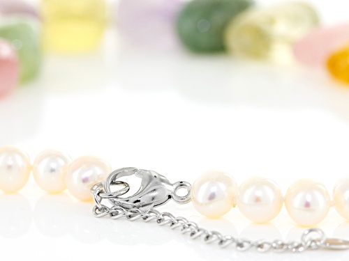 7.5-8mm White Cultured Freshwater Pearl & Multigem Rhodium Over Sterling Silver 20 Inch Necklace - Size 20