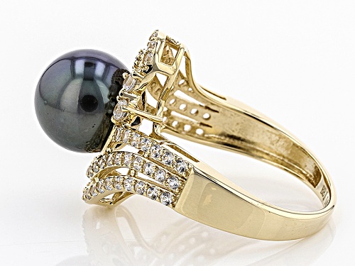9.5-10mm Cultured Tahitian Pearl With .83ctw White Zircon 14k Yellow Gold Ring - Size 7