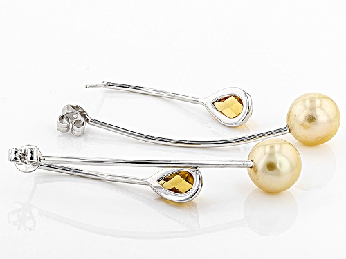 11-12mm Golden Cultured South Sea Pearl & 4.20ctw Citrine Rhodium Over Sterling Silver Earrings