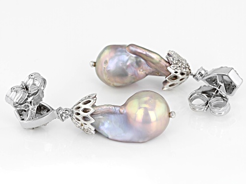 13-15mm Gray Cultured Freshwater Pearl, Labradorite & White Topaz Rhodium Over Silver Earrings