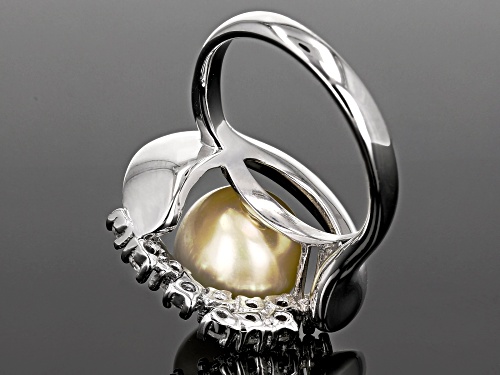 10mm Golden Cultured South Sea Pearl & White Zircon Rhodium Over Sterling Silver Ring - Size 11