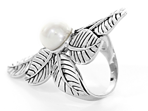 9mm White Cultured Freshwater Pearl Rhodium Over Sterling Silver Ring - Size 4