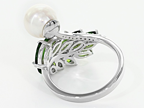9-9.5mm Cultured Freshwater Pearl, Chrome Diopside & White Zircon Rhodium Over Silver Ring - Size 12