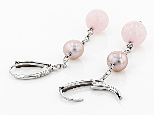 6-7mm Pink Cultured Freshwater Pearl & Rose Quartz Rhodium Over Sterling Silver Earrings