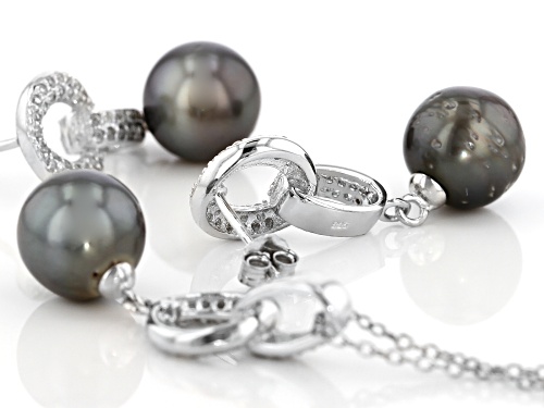 9-10mm Cultured Tahitian Pearl & White Topaz Rhodium Over Silver  Earrings & Pendant With Chain Set