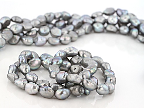 7.5-8.5mm Gray Cultured Freshwater Pearl Endless 64 Inch Strand Necklace With 3 Stretch Bracelet Set
