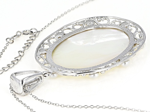 White Mother-Of-Pearl & Cultured Freshwater Pearl, Rhodium Over Silver Cameo Pendant With Chain