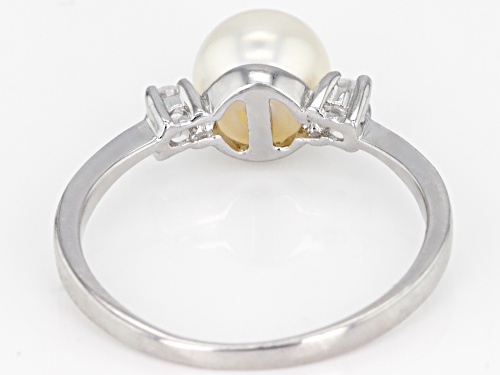 7-8mm White Cultured Japanese Akoya Pearl & White Zircon Rhodium Over Sterling Silver Ring - Size 7