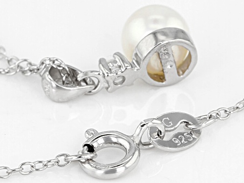 6-7mm White Cultured Japanese Akoya Pearl & White Zircon Rhodium Over Silver Pendant With Chain