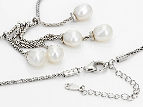 7-7.5mm White Cultured Freshwater Pearl, Rhodium Over Sterling Silver Popcorn 18 Inch Necklace - Size 18