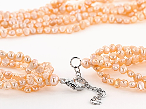 4-5mm Peach Cultured Freshwater Pearl, Rhodium Over Silver 22 Inch Multi-Strand Necklace - Size 22