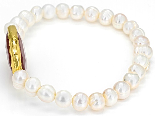 8-8.5mm Cultured Freshwater Pearl & Rose Quartz, Yellow Gold Tone Accent Stretch Bracelet