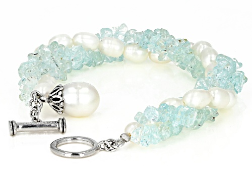5.5-11mm Cultured Freshwater Pearl & Aquamarine Rhodium Over Silver 7.5 Inch Bracelet - Size 7.5