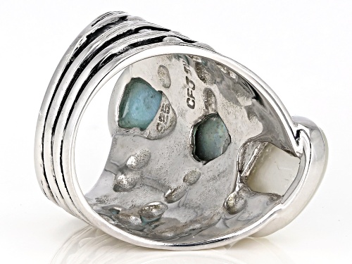 Abalone Shell, Larimar and White Mother-Of-Pearl, Rhodium Over Sterling Silver Ring - Size 6