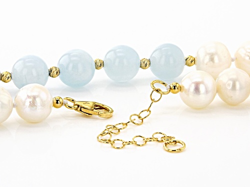 9.5-10.5mm Cultured Freshwater Pearl & Aquamarine 18k Yellow Gold Over Silver 18 Inch Necklace - Size 18