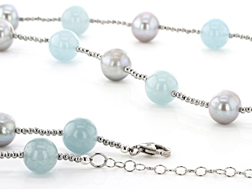 9.5-10.5mm Silver Freshwater Pearl & Aquamarine Rhodium over Sterling Silver 28 inch Necklace - Size 28