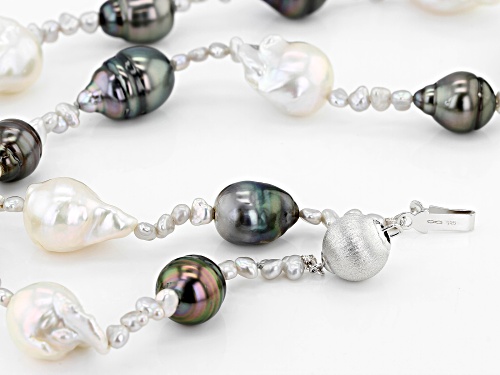 3-15mm Cultured Tahitian and Freshwater Pearl Rhodium over Sterling Silver 18 inch Necklace - Size 18
