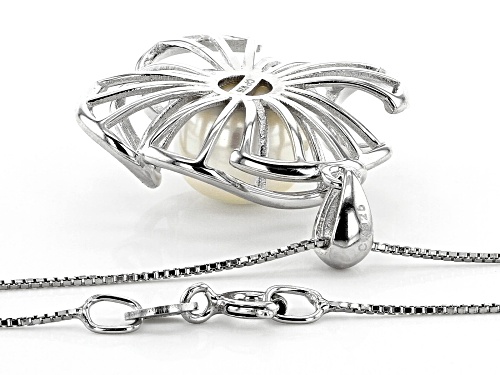 10-11mm White Cultured Freshwater Pearl Rhodium Over Silver Floral Pendant with 18 inch Box Chain