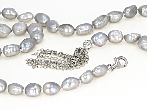 7-8mm Silver Cultured Freshwater Pearl Rhodium Over Sterling Silver Tassel Drop 24 inch Necklace - Size 24