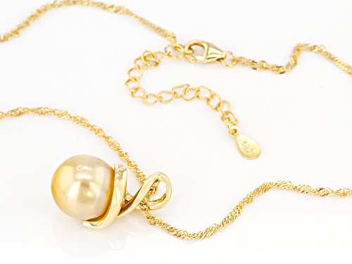 11mm Golden Cultured South Sea Pearl 18k Yellow Gold Over Sterling Silver Pendant with 18 inch Chain
