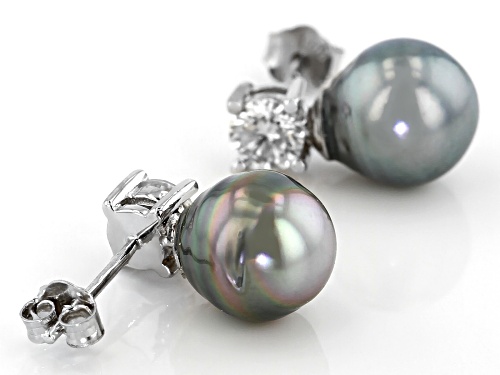 8mm Cultured Tahitian Pearl & Moissanite Fire® .66ctw Dew Rhodium Over Sterling Silver Earrings