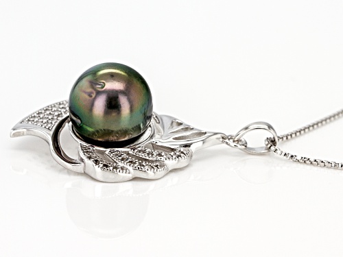 11mm Cultured Tahitian Pearl 0.31ctw White Topaz Rhodium over Silver Pendant with Chain
