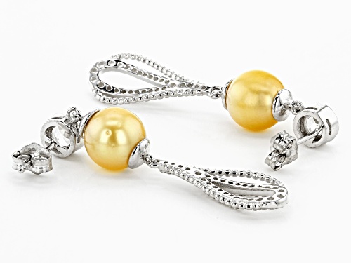 8-9mm Cultured Golden South Sea Pearl 1.65ctw White Topaz Rhodium Over Silver Dangle Earrings