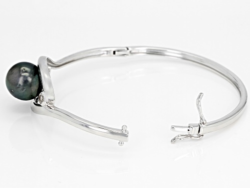 12mm Cultured Tahitian Pearl 0.14ctw White Topaz Rhodium Over Sterling Silver Cuff Bracelet