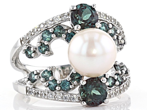8.5-9mm White Cultured Freshwater Pearl Lab Created Alexandrite & Zircon Rhodium over Silver Ring - Size 12