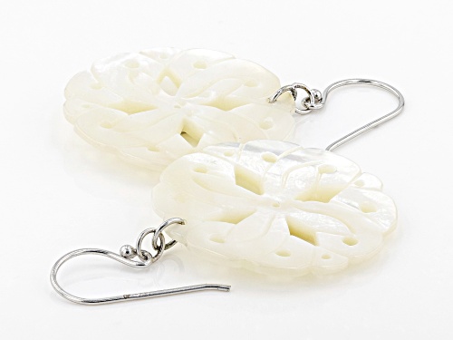 28mm White Mother of Pearl Rhodium over Sterling Silver Floral Earrings